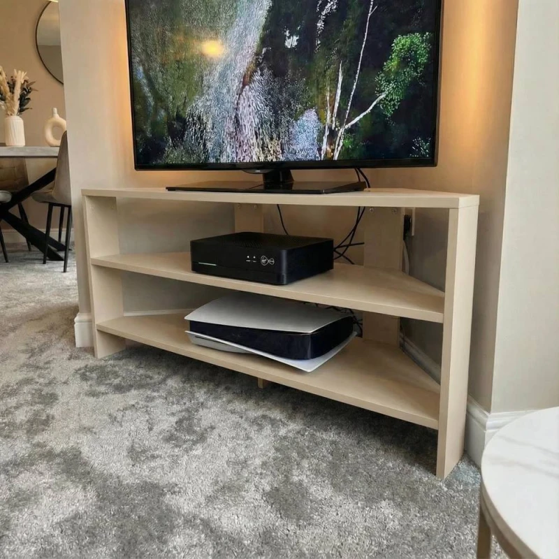 Image of FWStyle Promo Putty Corner TV Unit Media Stand (H) 45 (W) 110 (D) 36cm in Light Beige Light Beige Unisex
