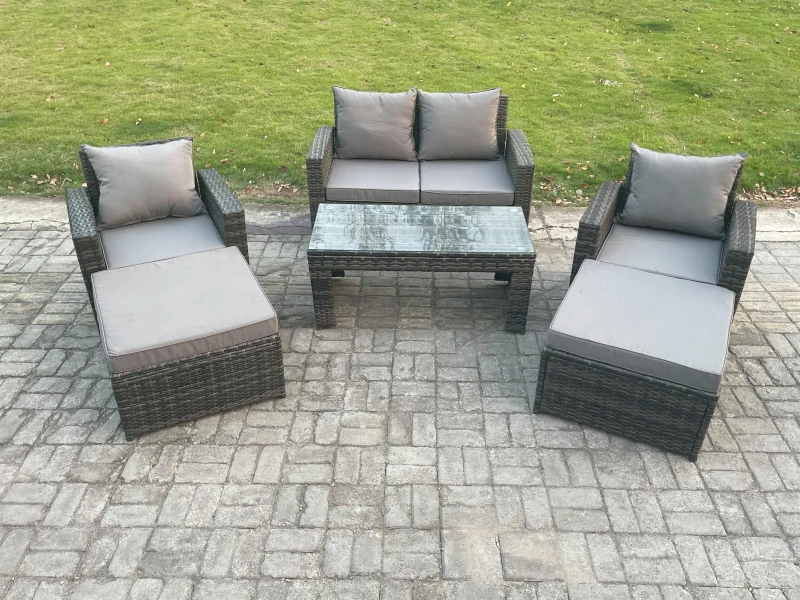 Image of Fimous 6 Seater High Back Rattan Garden Furniture Sofa Sets with Rectangular Coffee Table Armchair 2 Big Footstool Dark Grey Mixed Dark Grey Unisex