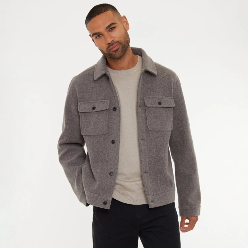 Image of Threadbare Threadbare Men 'Crunch' Brushed Button Up Shacket in Taupe Size: large Taupe L Male 7625915020047