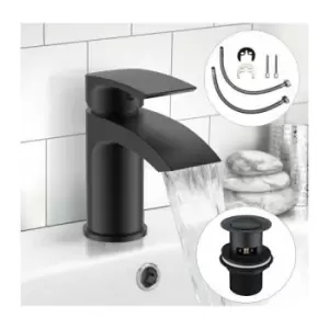 Image of Black Waterfall Cloakroom Mini Basin Mixer Tap Sink Mono Bathroom + Waste 10yr