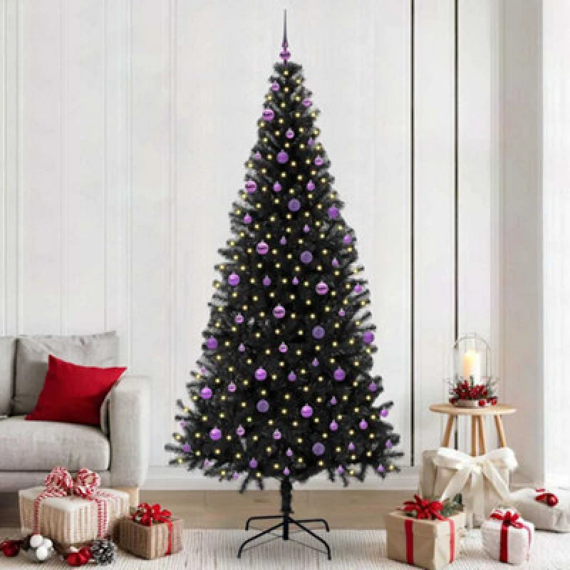 Image of vidaXL Christmas Tree with 300 LEDs, Lilac Balls with Stand Black 240cm PVC, Black 3396502