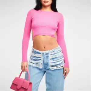 Image of Missguided Petite Tie Waist Rib Knit Crop Top - Pink
