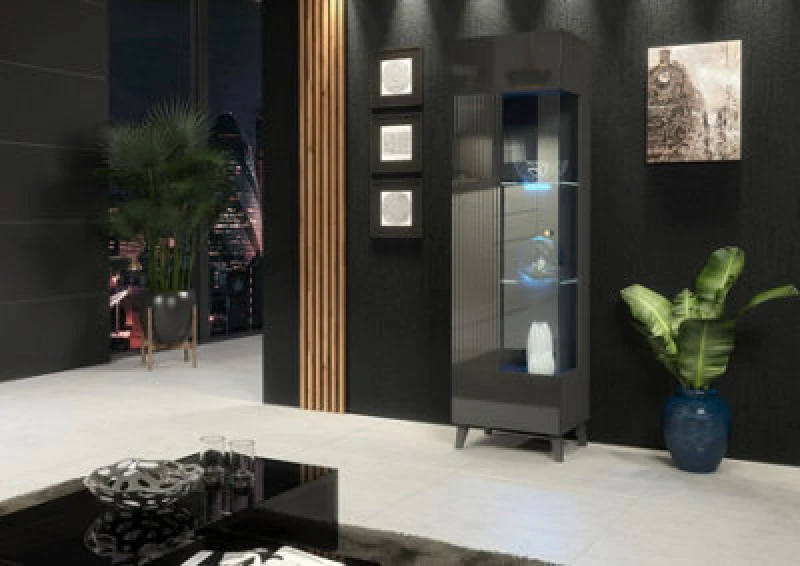 Image of Furneo Grey Display Cabinet Storage Modern Glass Cupboard High Gloss & Matt Azzurro 12G Blue LED Lights