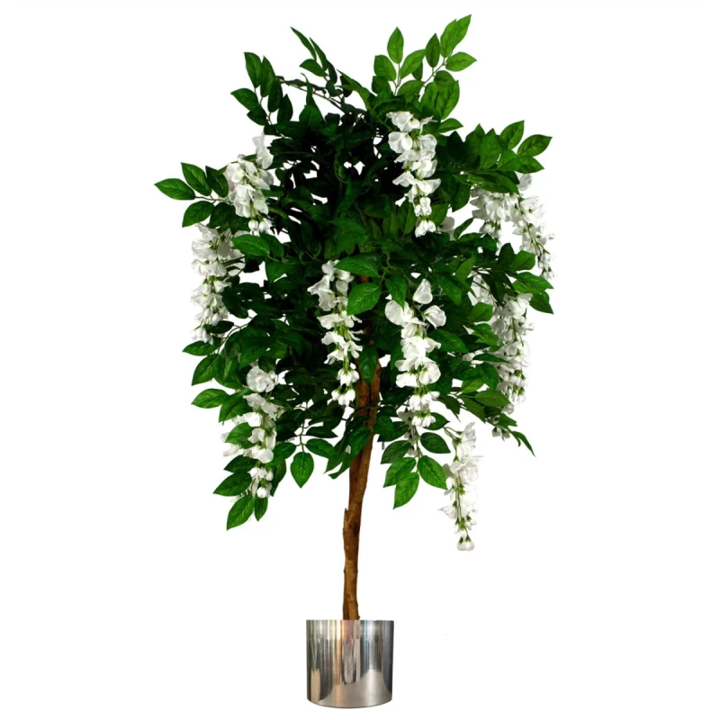 Image of N/A 130cm Luxury Artificial Wisteria Tree White Flowers - Premium Range Silver Metal Planter