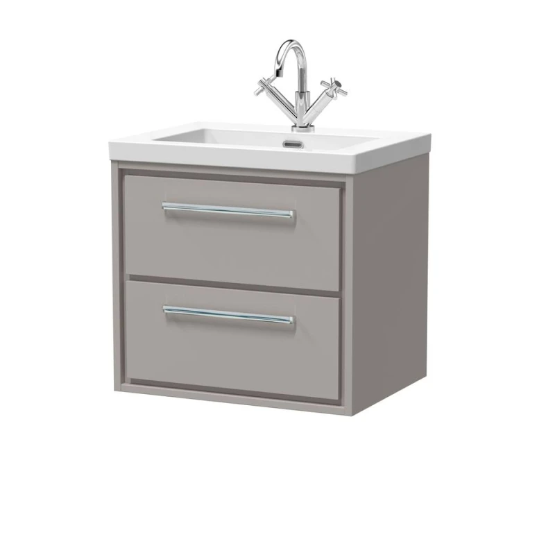 Image of Balterley Modern Bathroom 2 Soft-Close Drawer Wall Hung Vanity Unit Fireclay Basin, Pebble Grey, 600mm