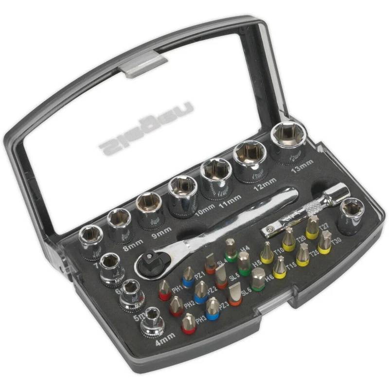Image of Loops 31 Piece Socket & Colour-Coded Bit Set - 1/4" Sq Drive Ratchet - Storage Case Multi