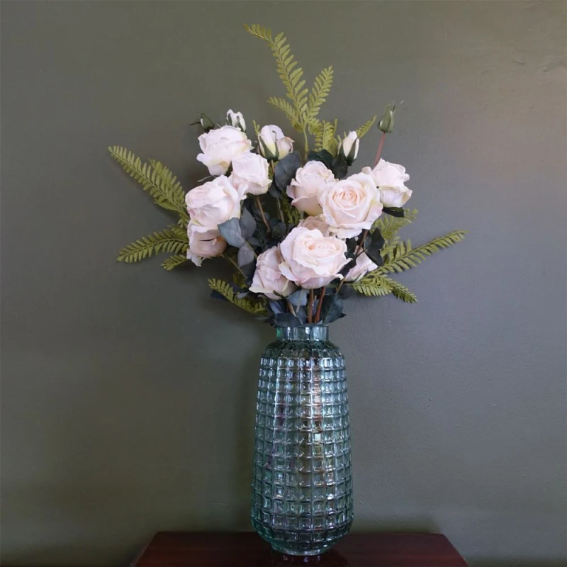 Image of Leaf 60cm Artificial Rose Display Glass Vase - High-Quality, Beautifully Arranged Roses for Perfect Decor