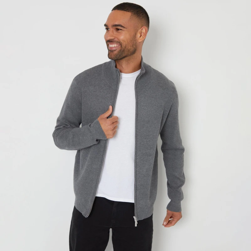 Image of Threadbare Zip-Through Funnel Neck Knitted Cardigan - Grey Grey 2XL