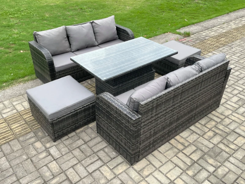 Image of Fimous Outdoor Rattan Garden Furniture Sets Height Adjustable Rising lifting Dining Table Sofa Set with 2 Big Footstool Dark Grey