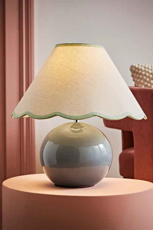 Image of ValueLights Bosco Eucalyptus Teal Ceramic Table Lamp with Natural Linen Scallop Lamp Shade Green