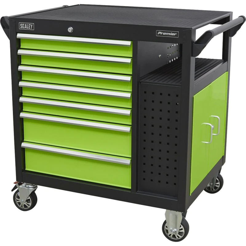 Image of Loops 7 Drawer Heavy Duty Mobile Workstation - Twin Door Cupboard - Open Shelves Multi