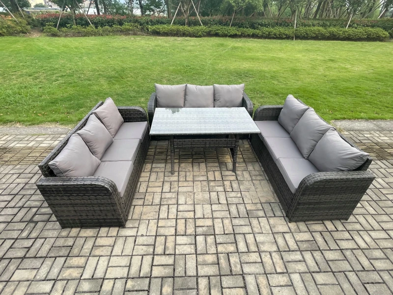 Image of Fimous Patio Rattan Garden Furniture Set with Oblong Rectangular Dining Table 9 Seater Outdoor Lounge Sofa Set Dark Grey Mixed Dark Grey Unisex
