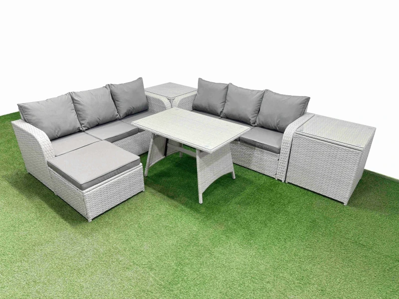 Image of Fimous Patio Dining Table & Chairs Set Rattan High Back Lounge Sofa Set With 3 Seater Sofa 2 Side Tables Big Stool Light Grey