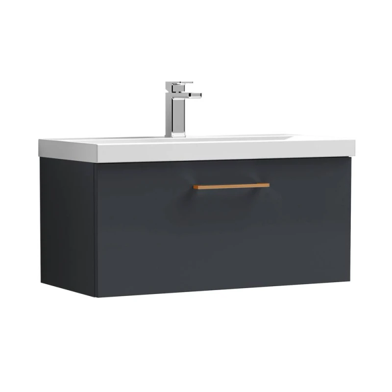 Image of Balterley 800mm Wall Hung 1 Drawer Vanity Basin Unit, Dark Grey, Copper Handle in Grey Grey Unisex