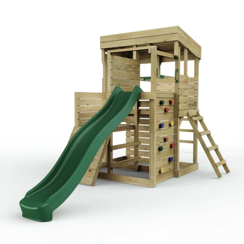 Image of OutdoorToys 2 Tier XL Lookout Tower Playhouse with Monkey Bars & Slide for Kids in Brown Brown Unisex