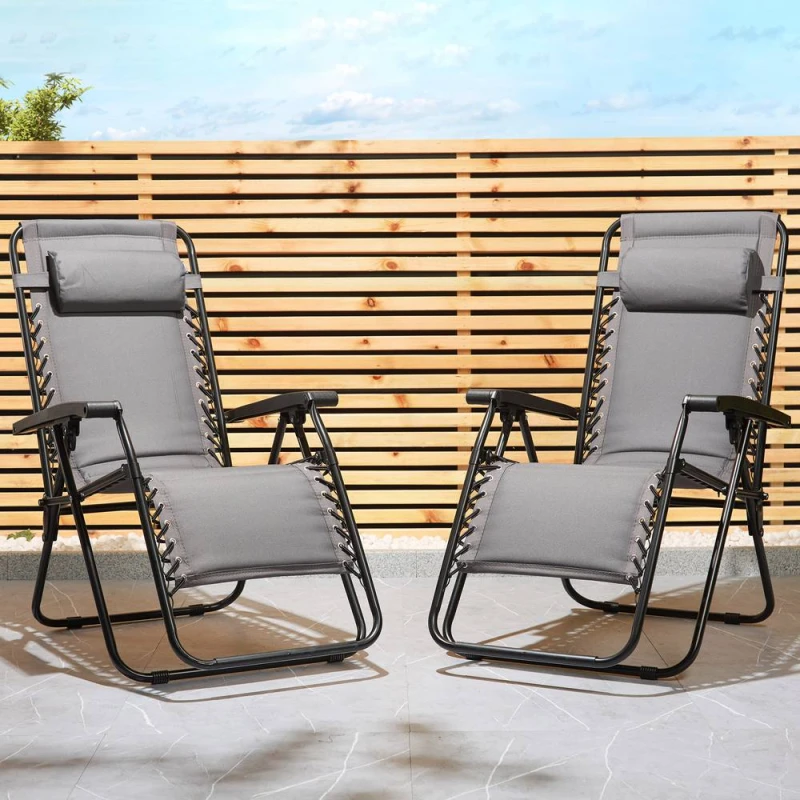 Image of VonHaus Set of 2 Padded Folding Zero Gravity Sun Lounger Chairs for Garden Dark Grey