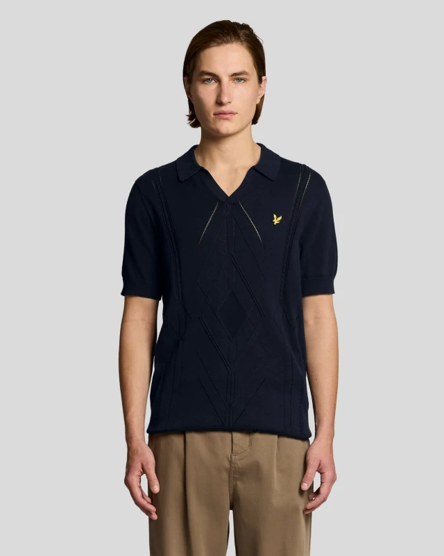 Image of Lyle & Scott Mens Open Collar Argyle Knitted Polo Shirt in Navy