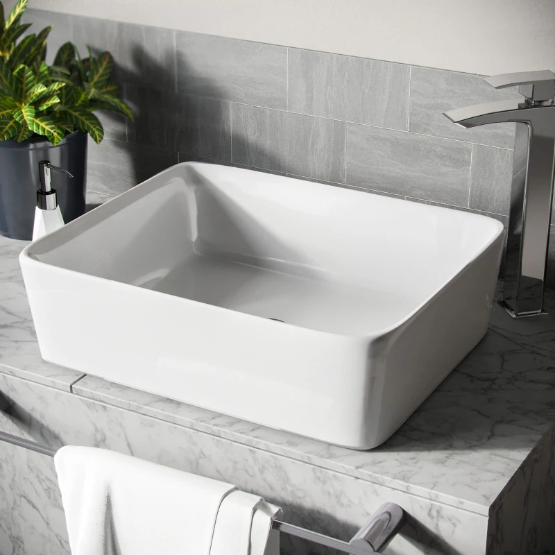 Image of Nes Home 485 x 380mm Rounded Counter Top Basin Rectangle Cloakroom Bathroom Sink Leven in White White Unisex