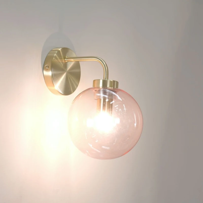 Image of ValueLights Frenchie Pair of Pink Tinted Glass Globe Single Gold Stem Wall Lights Pink