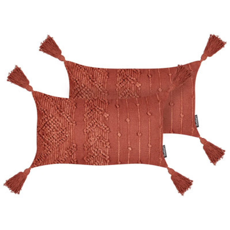 Image of Beliani Set Of 2 Decorative Cushions Valvaria Cotton 30 X 50 Cm Red Chevron Pattern