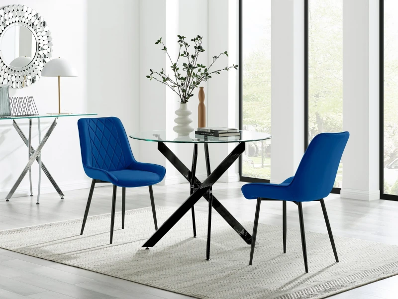 Image of FurnitureboxUK FurnitureboxUK Novara 100cm Round Black Leg Dining Table & 2 Pesaro Black Leg Chairs in Navy Navy One Size Unisex 5056784304426