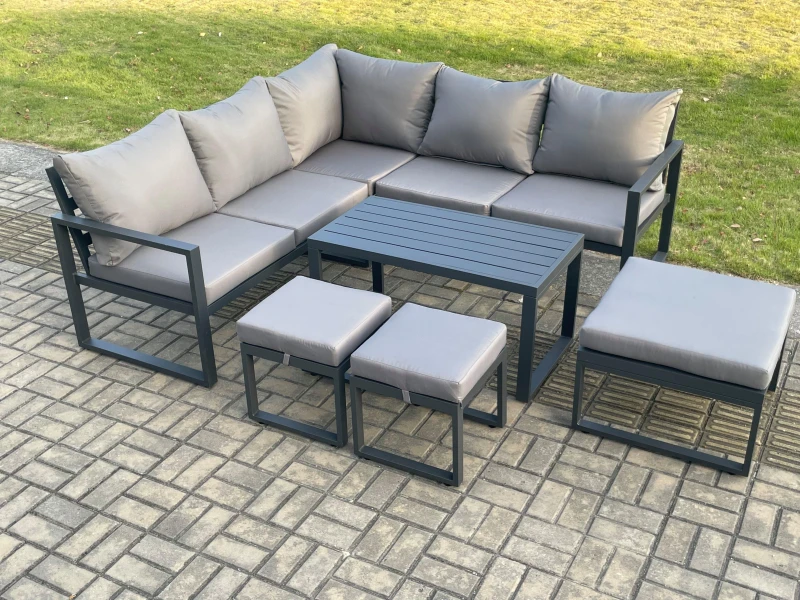 Image of Fimous Aluminium Outdoor Garden Furniture Set Lounge Sofa Coffee Table Sets with 3 Footstools Indoor Conservatory Set Dark Grey Dark Grey Unisex