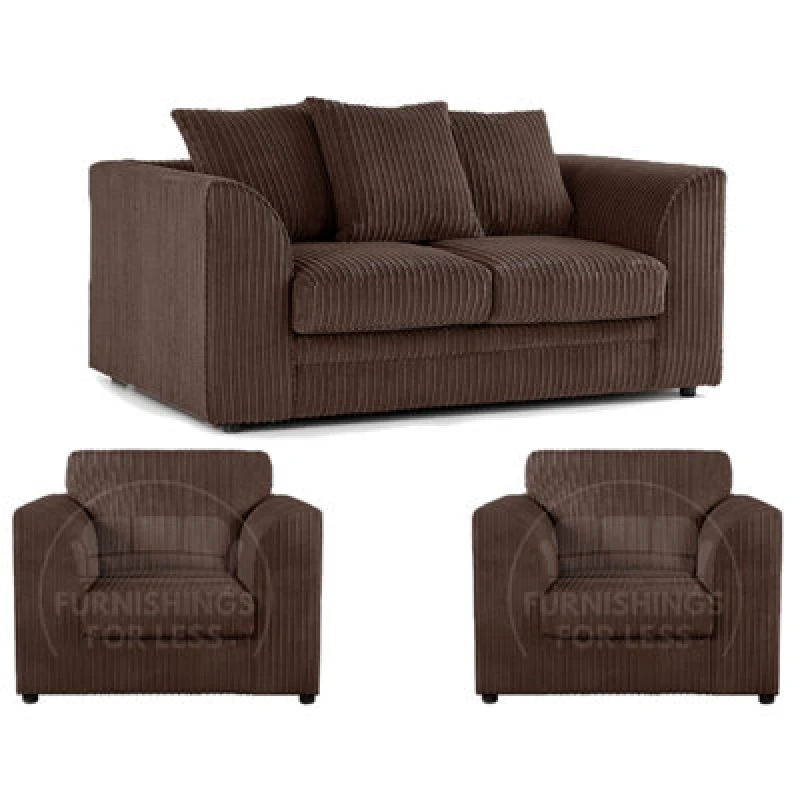 Image of Furnishings For Less UK Luxor Jumbo Cord 2 + 1 + 1 Fabric 3 Piece Sofa Suite - Scatter Back Chocolate