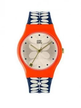 Image of Orla Kiely Bobby Champagne and Pink Dial Blue and White Stem Print Silicone Strap Ladies Watch, One Colour, Women