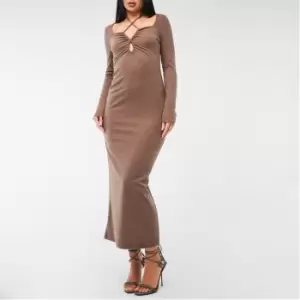 Image of Missguided Textured Halterneck Keyhole Cut Out Midaxi Dress - Brown