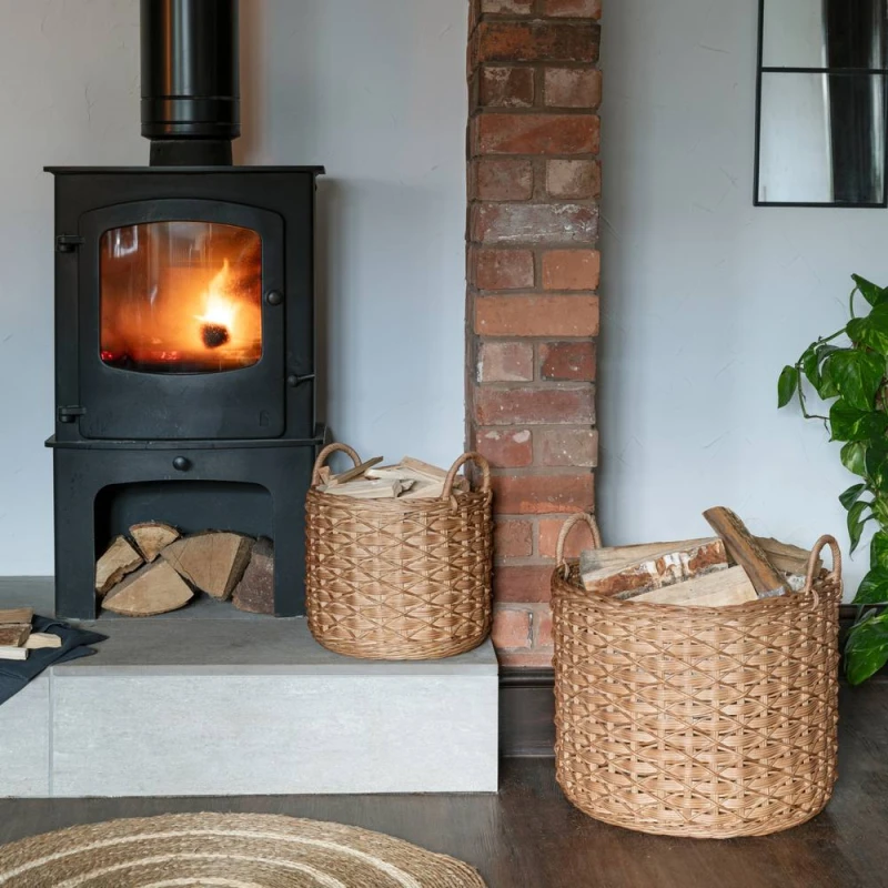 Image of Ivyline Woven Round Rattan Log Basket With Handles (Set Of 2) - Brown