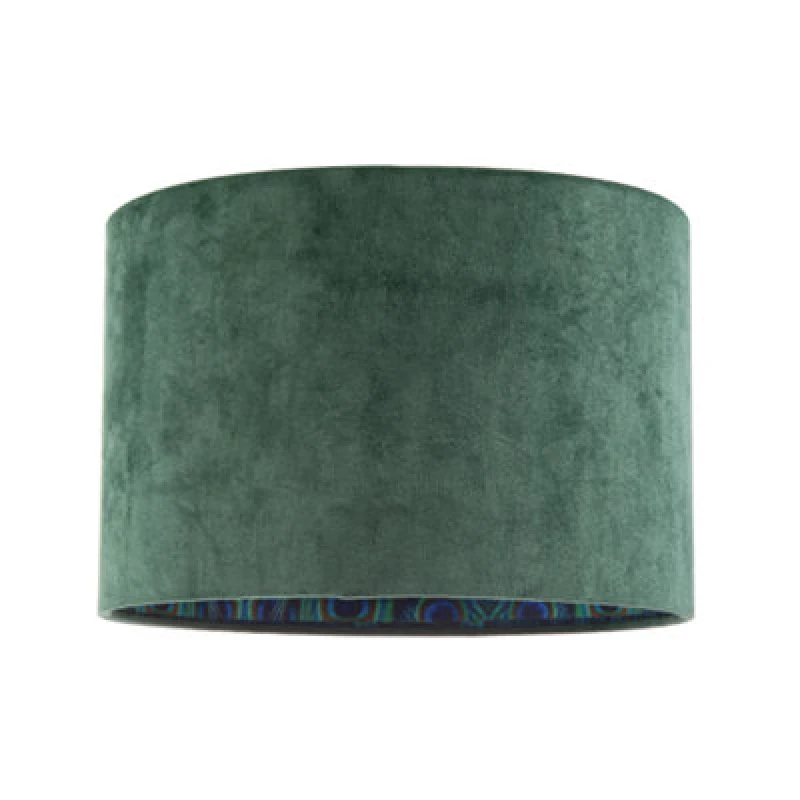 Image of Happy Homewares Forest Green Velvet Lamp Shade With Colourful Peacock Feather Inner