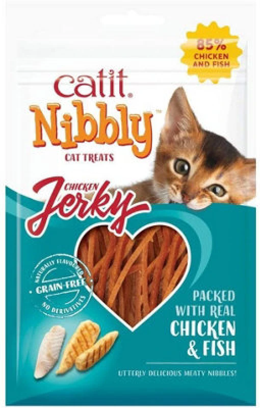 Image of Catit Catit Nibbly Jerky Chewy Chicken and Fish Slices Cat Treats 30g Brown