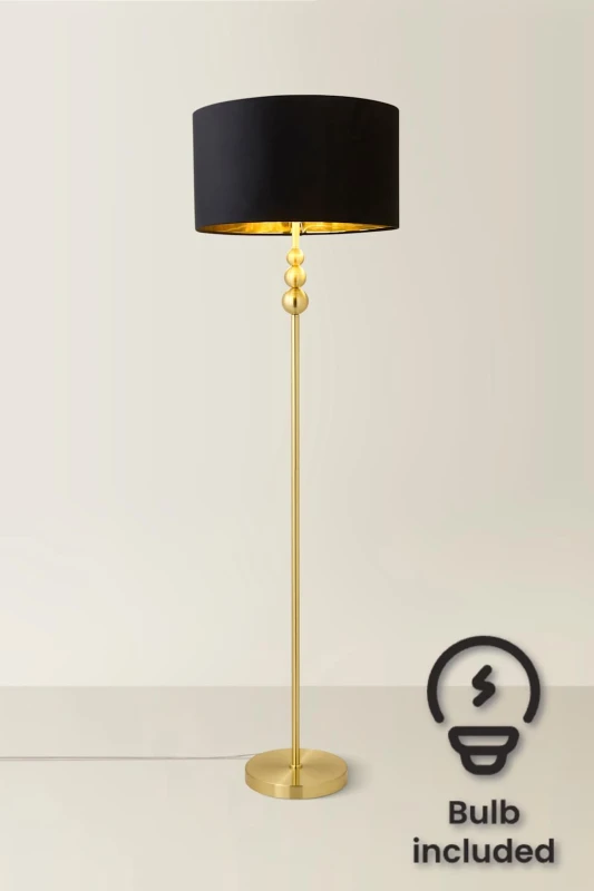 Image of ValueLights ValueLights Marissa Gold Stacked Ball Floor Lamp with Velvet with Gold Inner Shade & Bulb in Black One Size Unisex 5059406060175