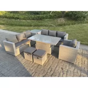 Image of Fimous 7 Seater Outdoor Rattan Dining Sofa Complete Set with Adjustable Table, Side Coffee Table and 2 Stools
