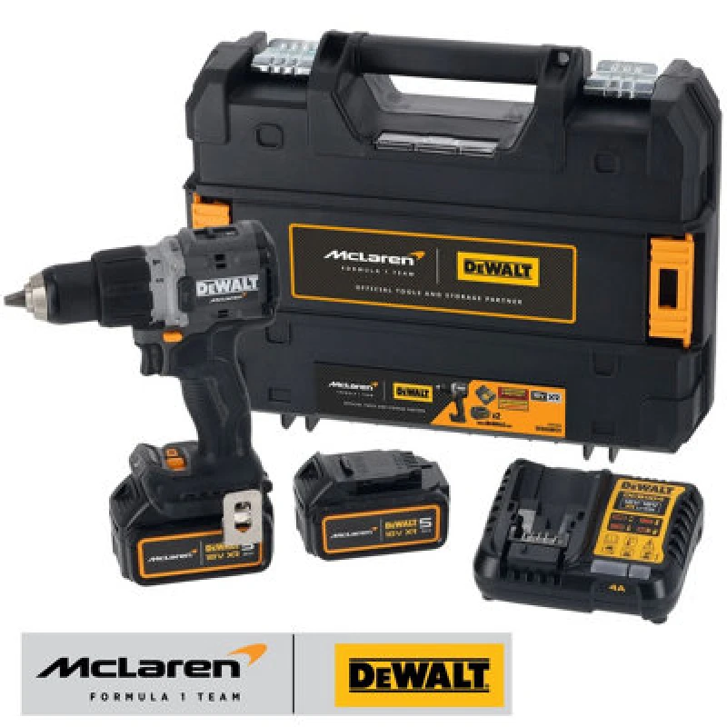 Image of DEWALT DCD85MP2T 18v XR Cordless McLaren F1 Brushless Combi Drill Batteries: 2 x 5ah Li-ion