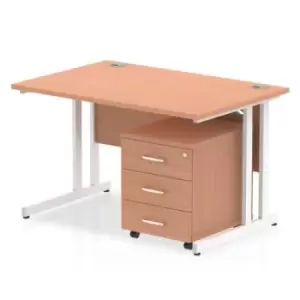 Image of Impulse 1200 x 800mm Straight Office Desk Beech Top White Cantilever Leg Workstation 3 Drawer Mobile Pedestal