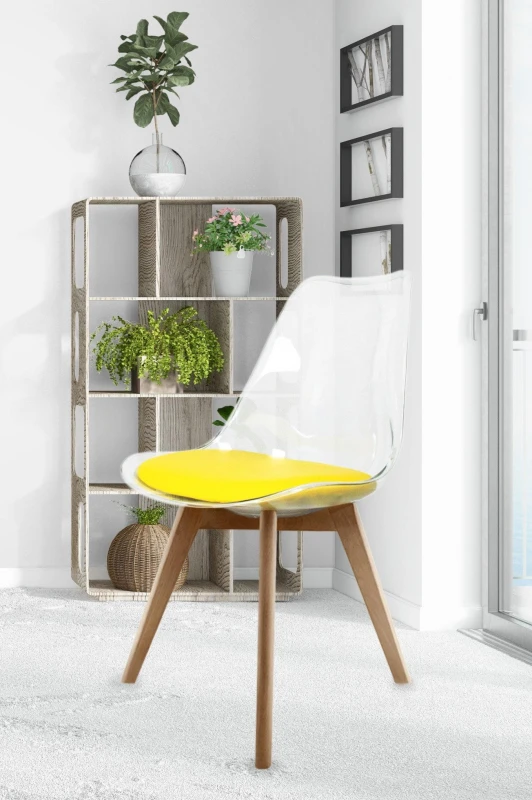 Image of Fusion Living Soho Clear Plastic Dining Chair with Squared Light Wood Legs in Yellow Yellow Unisex