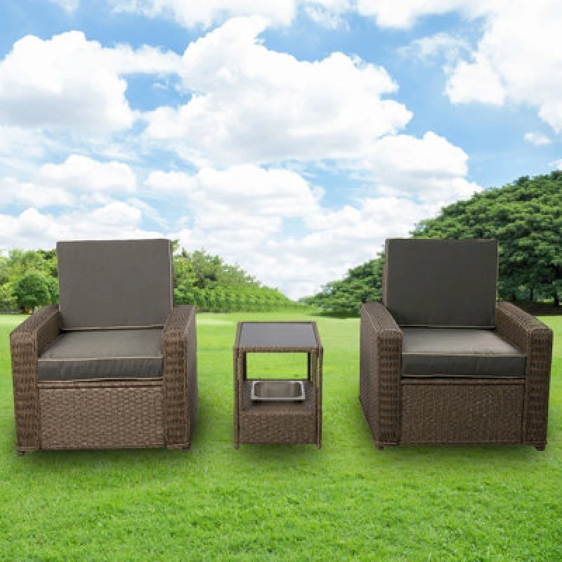 Image of 3 Piece Rattan Furniture Set, Patio Rattan Bistro Set With Ice Bucket, 2 Single Armchair With Soft Cushion Garden Patio Set - Gray