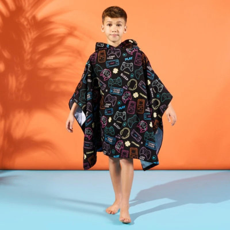Image of OHS OHS Gaming Poncho Beach Towel Kids Hooded Quick Dry Microfibre Holiday in Black Size: Bath Towel Black Bath Towel Unisex 5027434181360