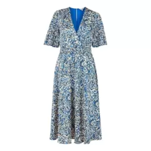 Image of Yumi Blue Animal Print Wrap Midi Skater Dress - Blue