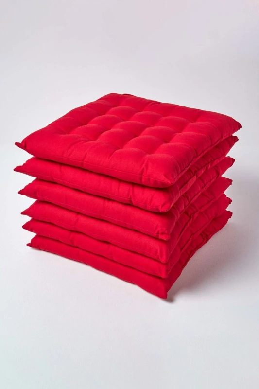 Image of Homescapes Plain Seat Pad with Button Straps, 40 x 40cm, Set of 6 Red