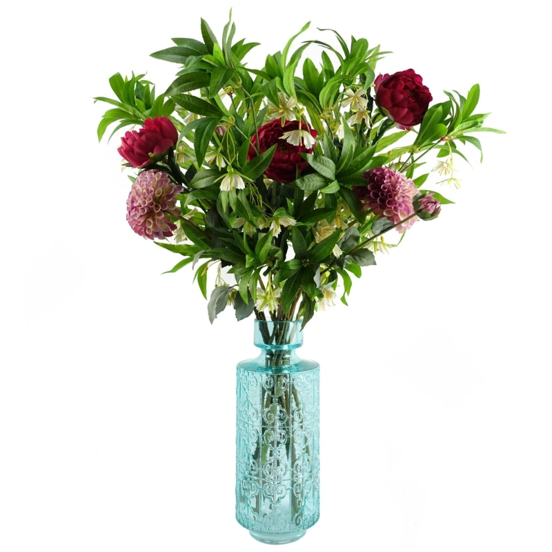Image of Leaf 90cm Pink Artificial Peony Dahlia Glass Vase
