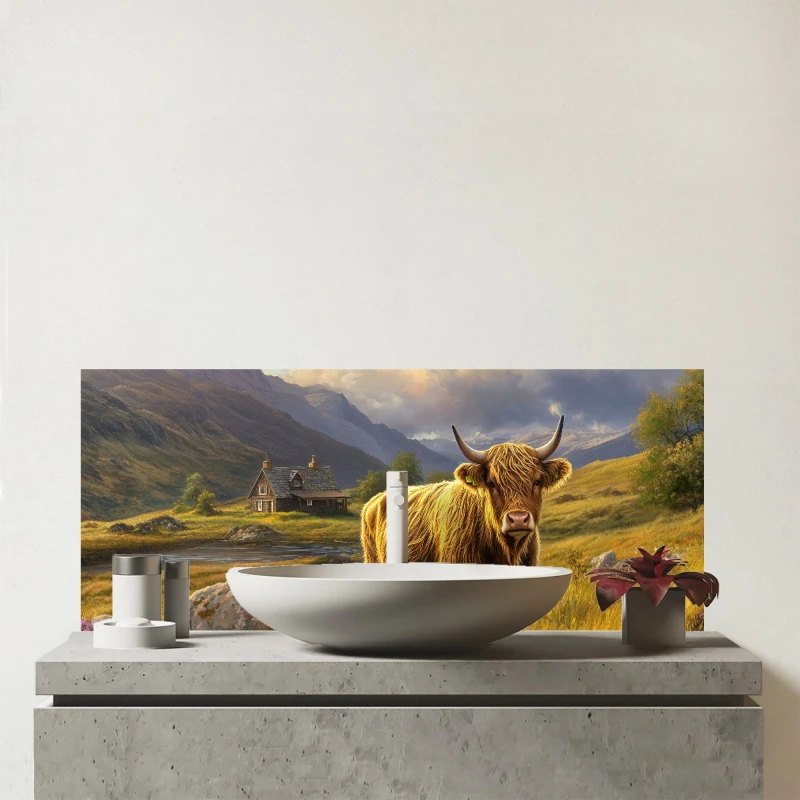 Image of Warren Reed - Designer Springtime Highland Cow Glass Bathroom Splashback Multicolor Unisex