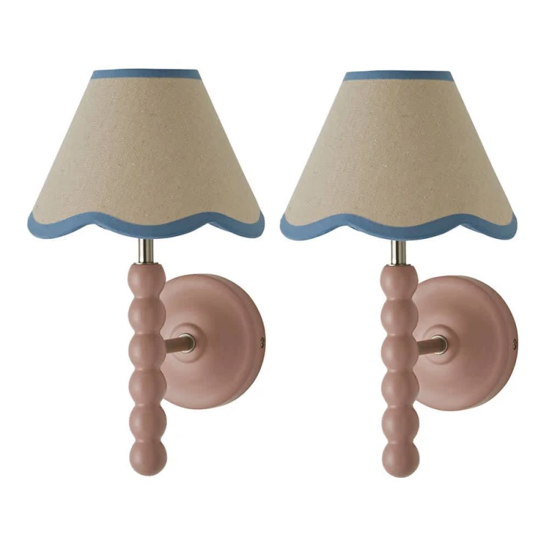 Image of ValueLights Bobbins Pair of Pink Wall Lights with Linen Trim Lamp Shades & Bulbs in Pale Blue Pale Blue Unisex
