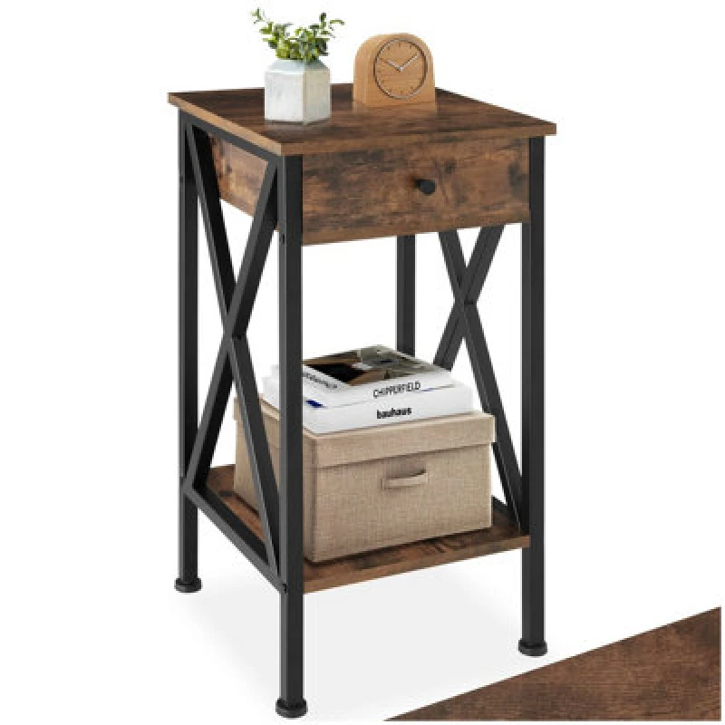 Image of Tectake Bedside Table Dayton - Industrial Style, With 2 Shelves, Drawer, 35 X 35 X 70.5cm - Industrial Wood Dark, Rustic