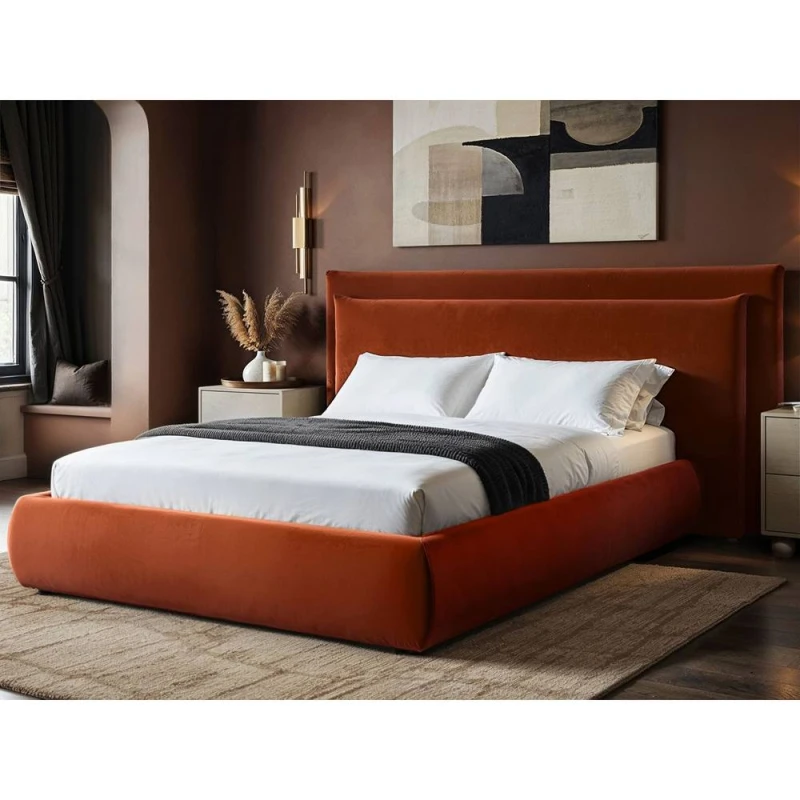 Image of Solace+Co Sigrid Burnt Orange Velvet Cushion Headboard Ottoman Bed Size: Double Orange Unisex Double