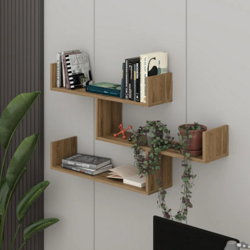 Image of Decortie Modern Tibet Wall Mounted Shelf Display Unit Whiskey Oak W 119Cm