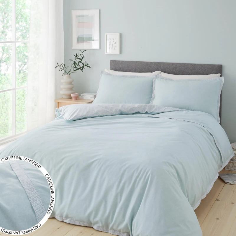 Image of Catherine Lansfield Oslo Textured Trim Duvet Cover & Pillowcase Set Duck Egg (Blue)