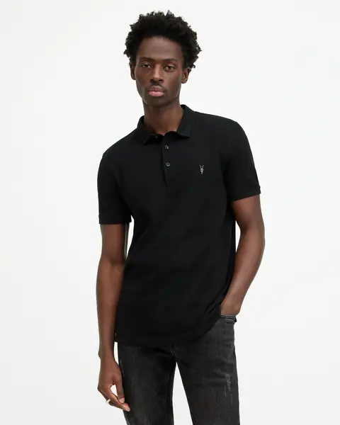 Image of AllSaints Mens Slim Fit Reform Short Sleeve Three-Button Polo Shirt, Black, Size: XXL