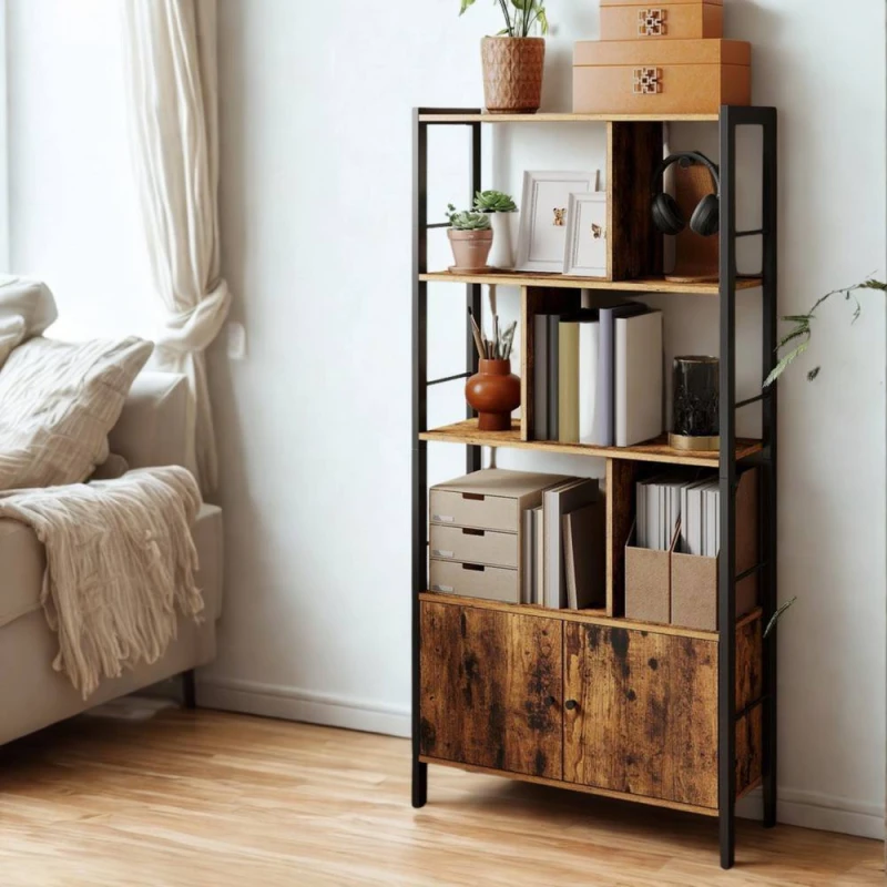 Image of Pirlo Plush Industrial Bookcase Storage Cabinet Shelving Unit Rustic Brown Brown Unisex